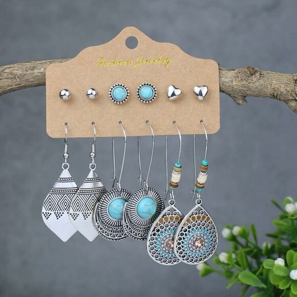 6pair Boho Style Turquoise Silver Tone Earrings - Picture 1 of 5
